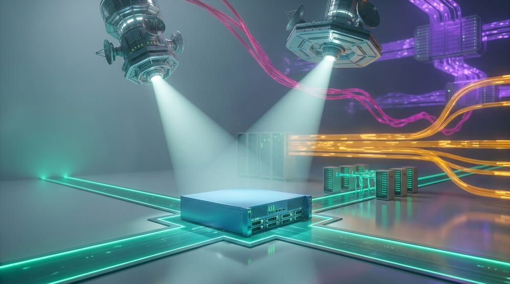 A single appliance lit from above by two separate observation structures, each casting its own beam onto the same device: one architecture answering to two authorities at once.
