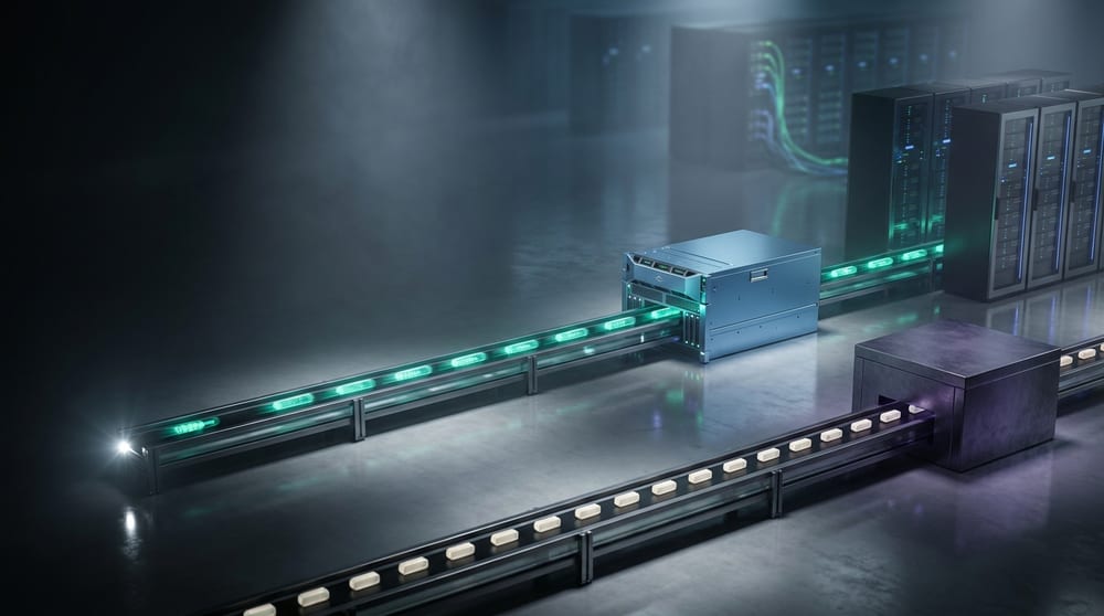 One attack flashpoint sending two parallel rails across the frame: the upper one carrying the defence, the lower one carrying an unbroken procession of records into an archive. Both start at the same instant.