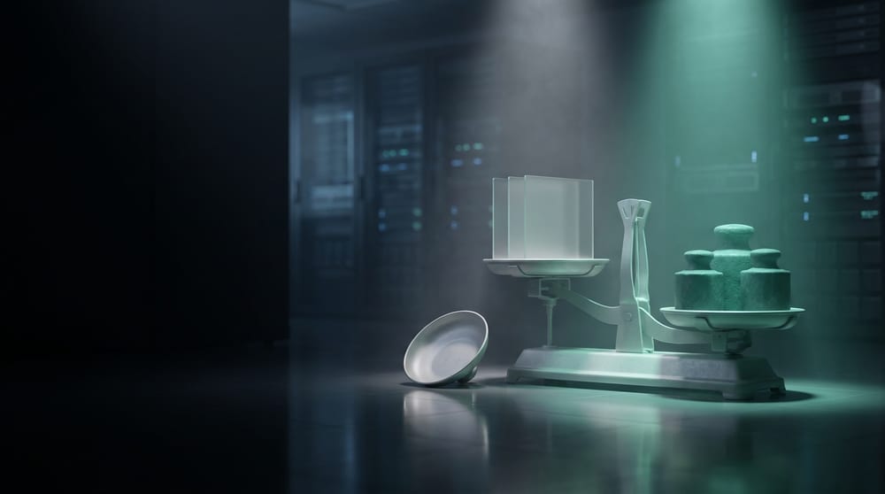 A balance whose lower pan holds three solid stone blocks lit in teal-green and whose raised pan holds three thin translucent sheets, with a fourth pan lying empty and tipped on its side on the floor beside it.